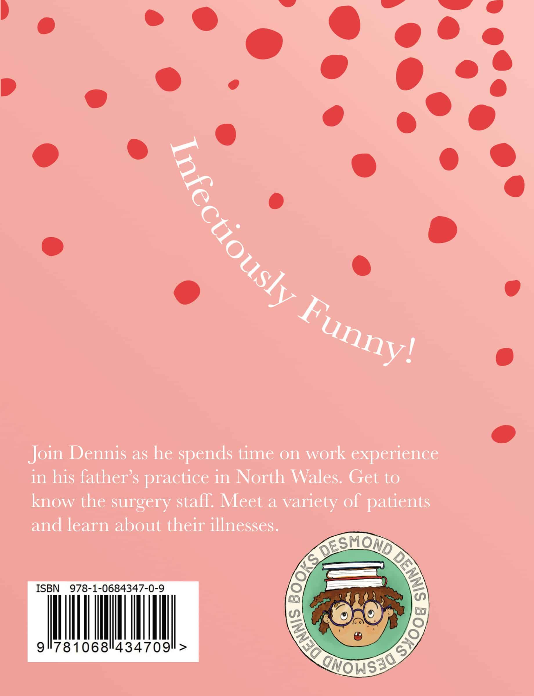 Image of the back cover of my book with a background measles rash.